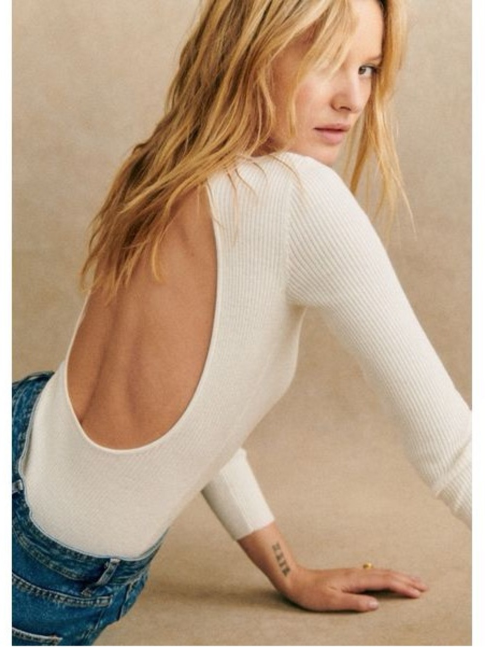 Sezane Cream Scoop-Back Ribbed Bodysuit